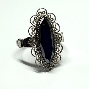 Vintage Sterling Silver Filigree Long Faceted Hematite Ring